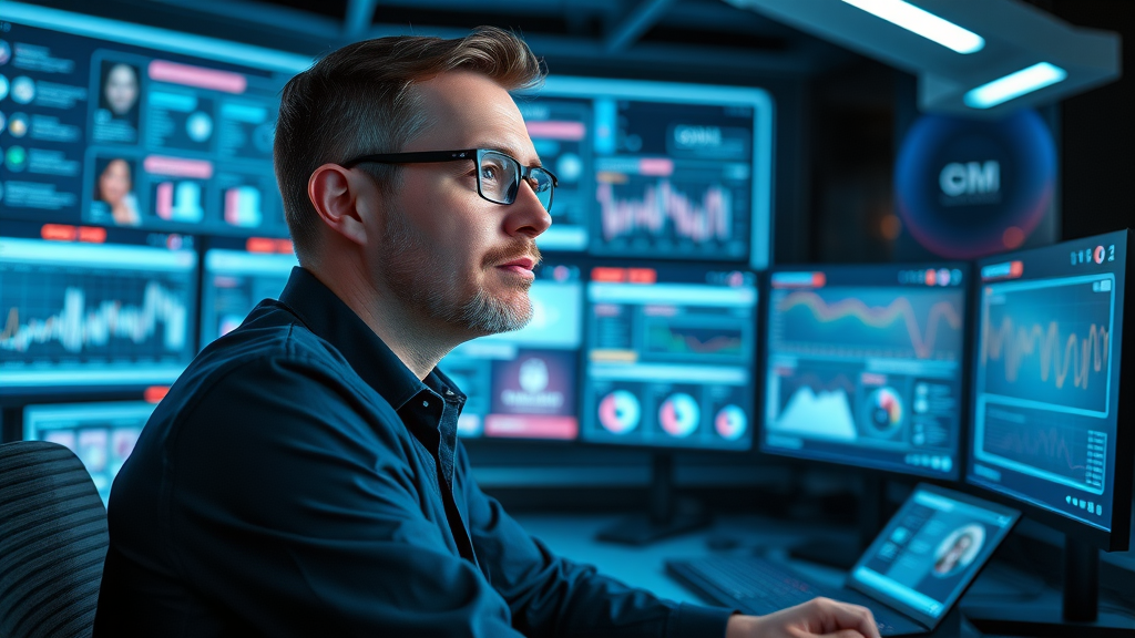 proactive social media manager tracking live digital conversations and audience trends in a high-tech command center