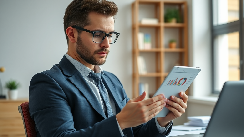 Small business owner reviewing digital marketing budget breakdown pie chart
