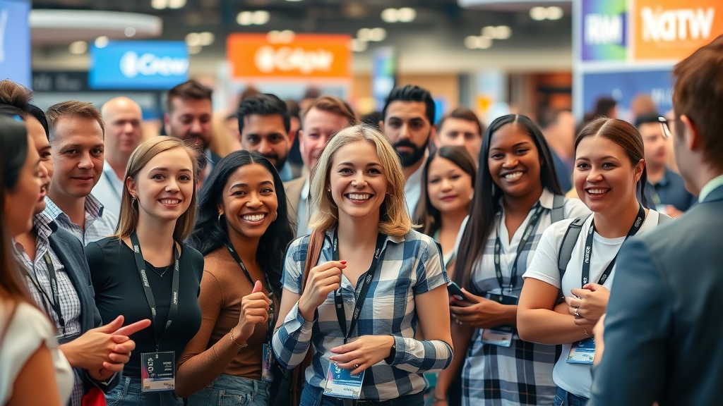 brand ambassadors engaging visitors at a lively company event, building brand awareness