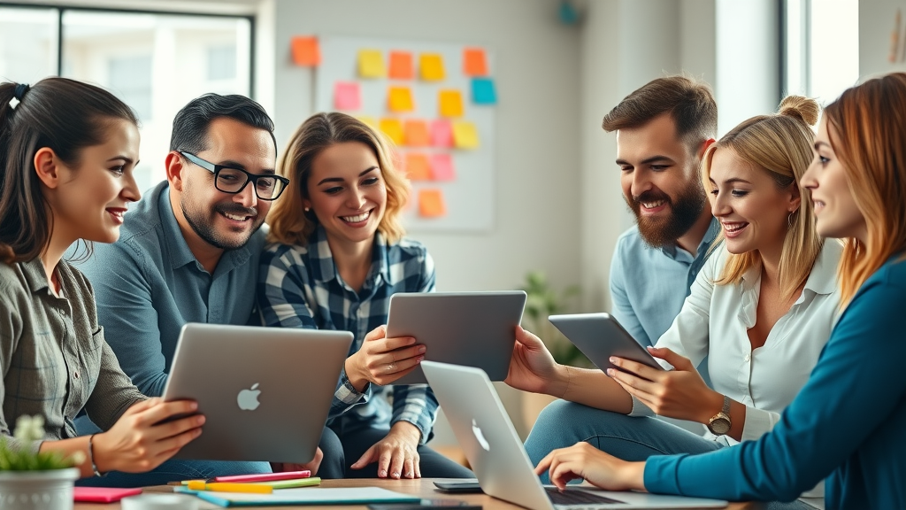 digital marketers brainstorming brand awareness campaign ideas in creative workspace