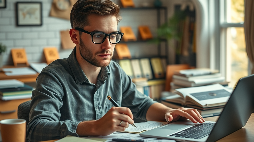 creative copywriter brainstorming compelling subject lines for marketing email campaigns in cozy office setting