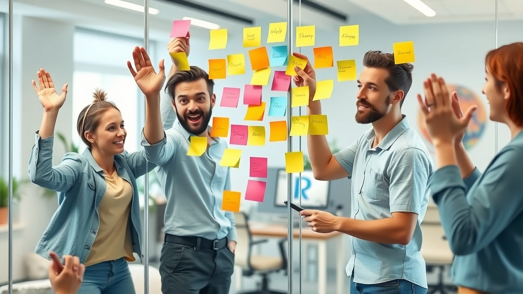 Collaborative team brainstorming content ideas with sticky notes for content creation tips in 2024.