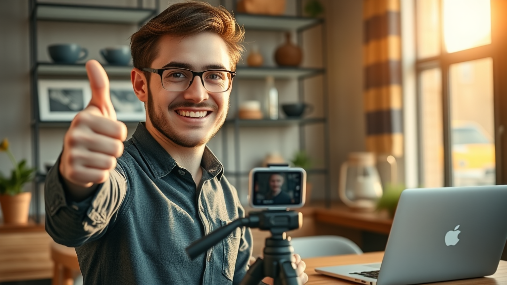 motivated young entrepreneur giving thumbs up recording small business video content in cozy coffee shop