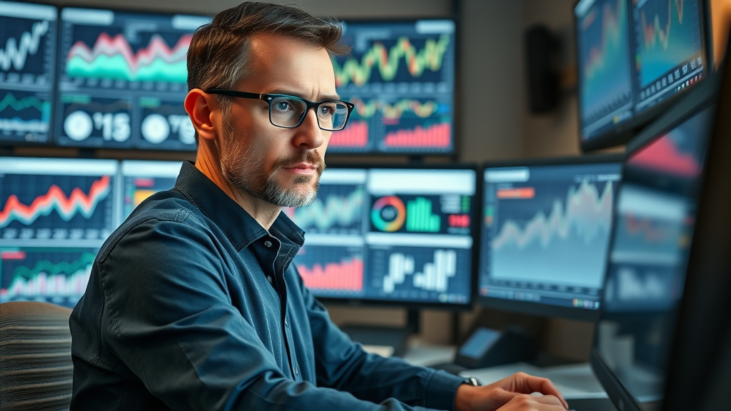 marketer analyzing brand awareness charts and analytics in a professional office