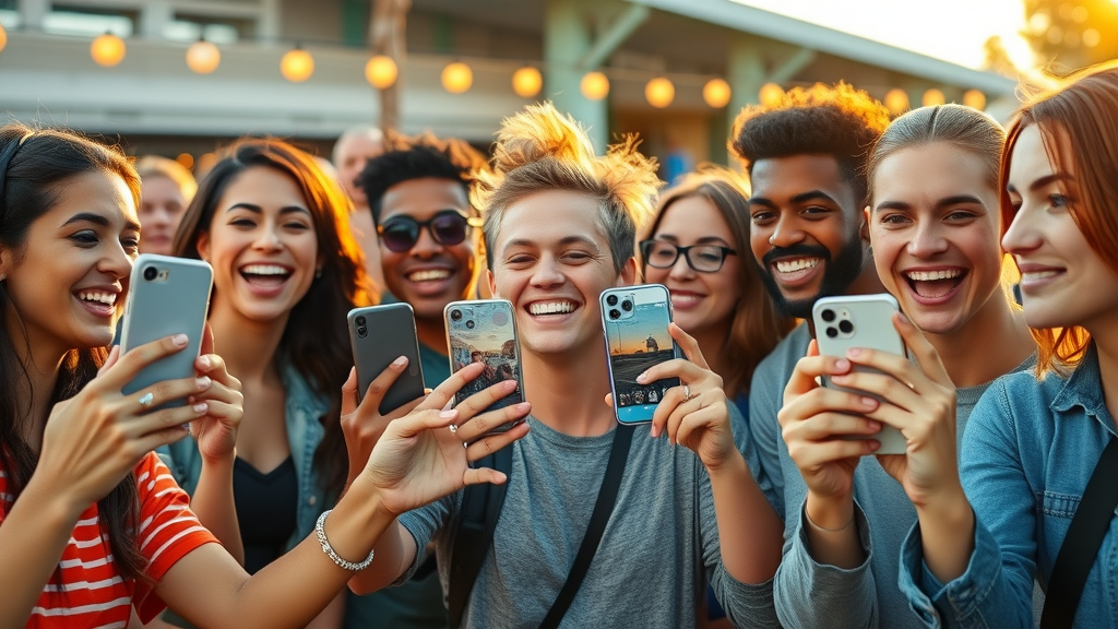 Fans recording short brand story videos on smartphones, joyful outdoor branded scene