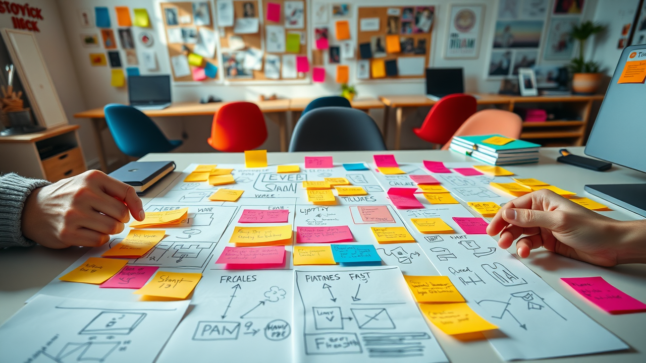 storyboard for storytelling strategy in customer engagement videos, creative agency, sticky notes