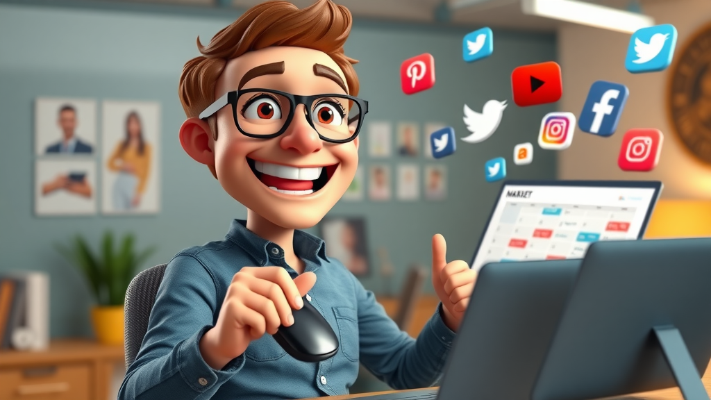 media management tools: marketer scheduling social media posts on digital calendar, energetic workspace