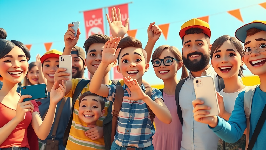 Diverse customers creating user generated video for a branded social media marketing campaign at an outdoor festival