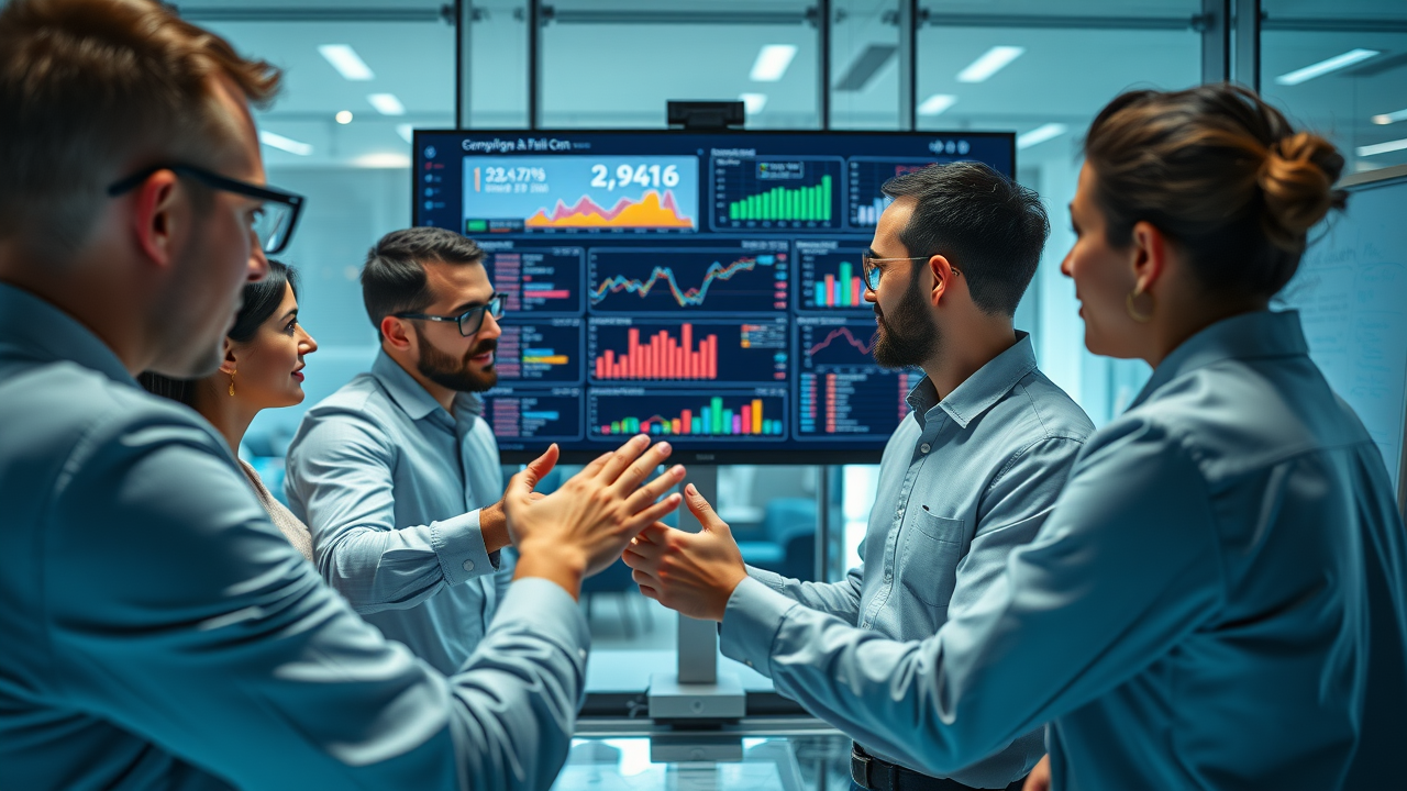 Small business team analyzing video rank and video seo performance on a large monitor in an office