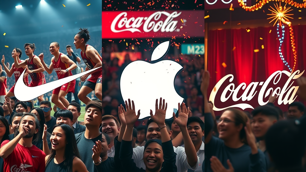 collage of iconic brand campaigns from Nike, Apple, and Coca-Cola, illustrating strong brand awareness