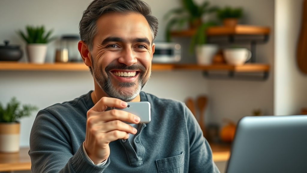 smiling customer sharing a video testimonial about a product in their cozy kitchen