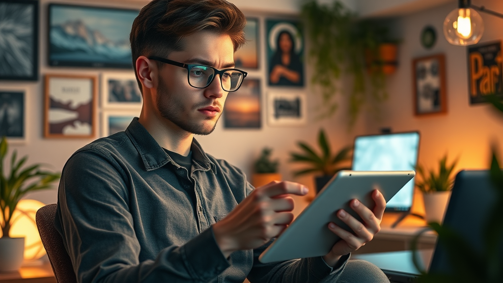 Innovative young marketer developing content on a tablet, representing modern content creation tips for content creators.