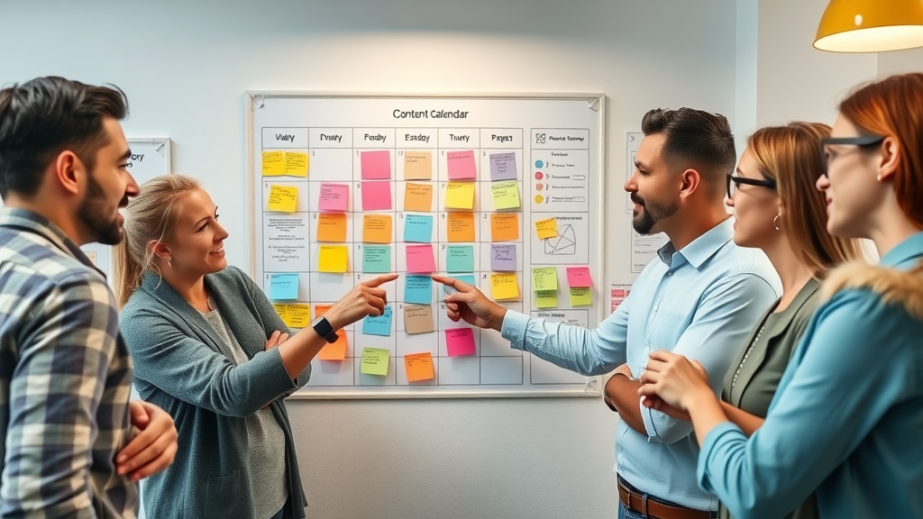 Content strategy for small businesses: team planning with a content calendar in creative studio setting