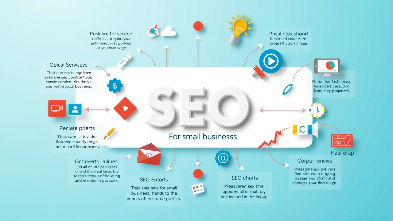 Infographic breakdown of core elements of video seo for small businesses: keyword research, schema markup, social media, video title optimization