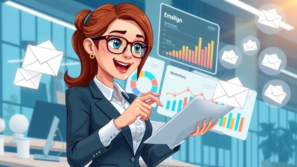 engaged businesswoman analyzing segmented email marketing campaign dashboard with colorful infographic charts