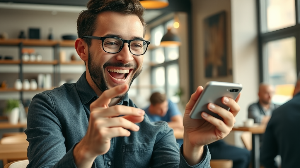 small business owner celebrating viral explainer video success on a smartphone in a café