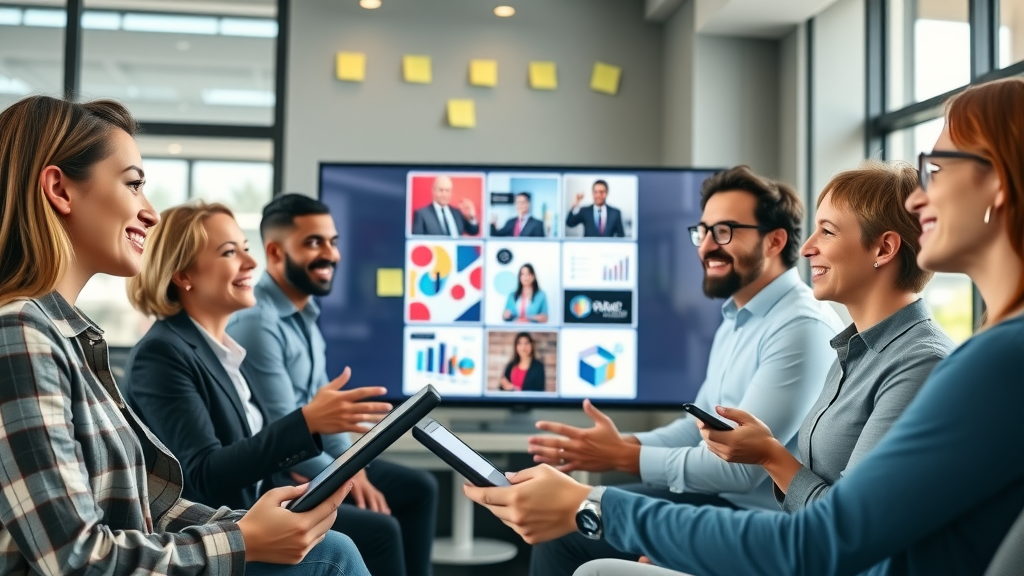 business team watching customer engagement videos in a modern office, digital displays and engaged employees