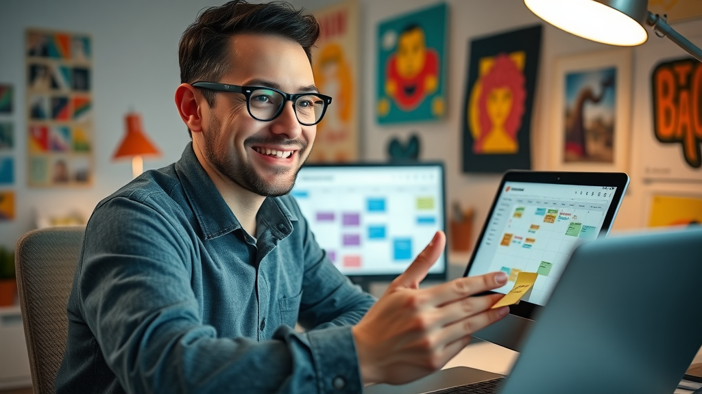 inspirational entrepreneur planning social media marketing content, organizing posts on a calendar in a creative workspace