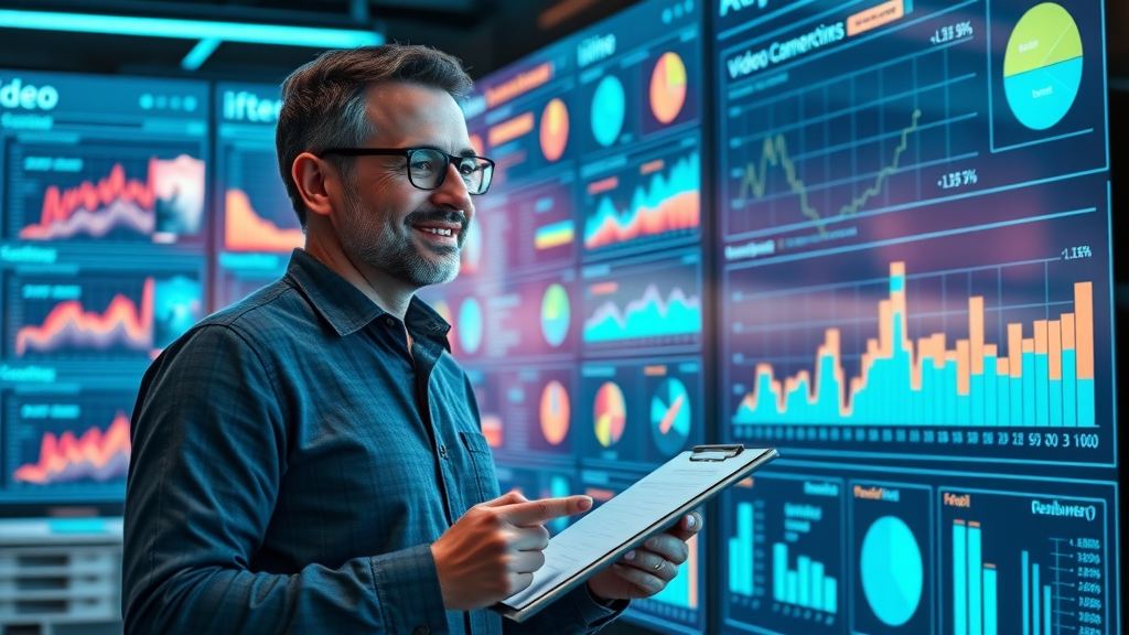 marketing manager analyzing video campaign statistics and KPIs for future strategy