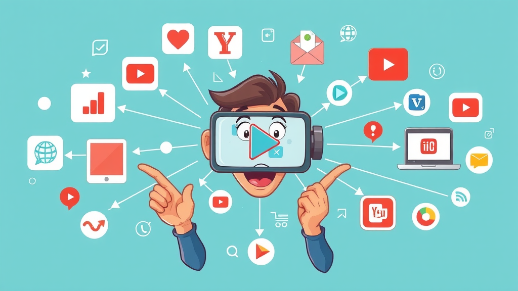 infographic showing interconnected video marketing strategy components: icons for platforms, distribution, planning, branding, and analytics