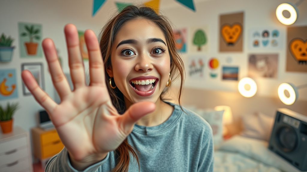 Cheerful influencer engaging audiences through a trendy short video for social media marketing in a playful home studio