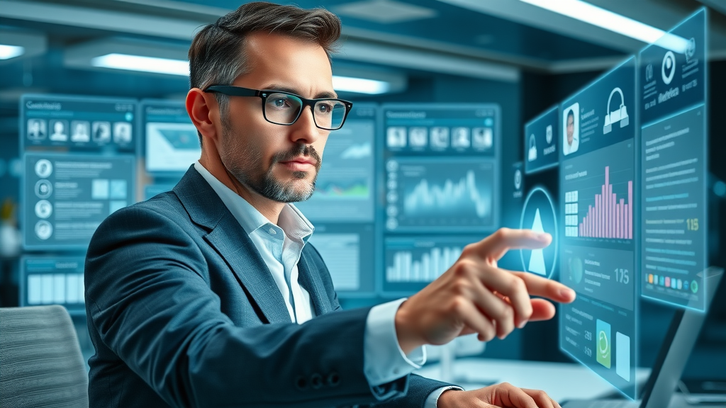 Modern marketing expert using advanced content automation dashboard for content creation efficiency and marketing automation.