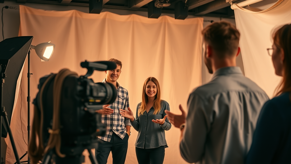 brand video shoot in a modern studio, team delivering a compelling story for marketing campaign