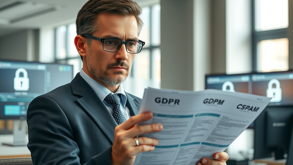 compliance officer reviewing GDPR and CAN-SPAM checklists for legal email marketing campaigns