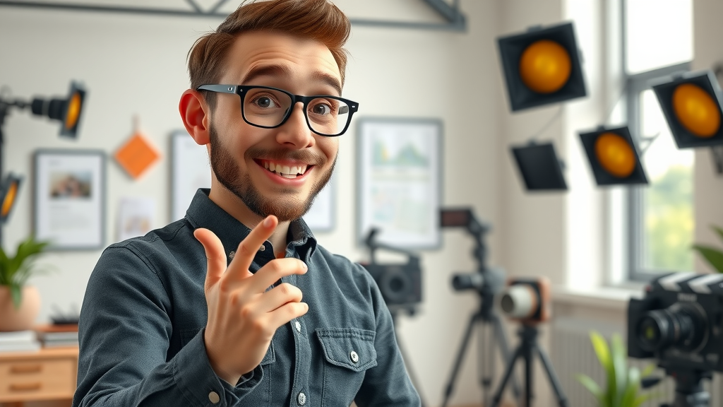 Confident producer giving brand storytelling video tips and tricks in creative film office