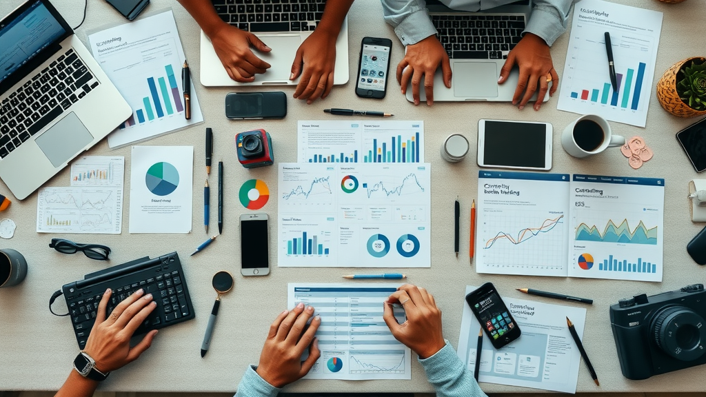 content marketing tools: organized toolkit with laptops, smartphones, analytics reports and social dashboards