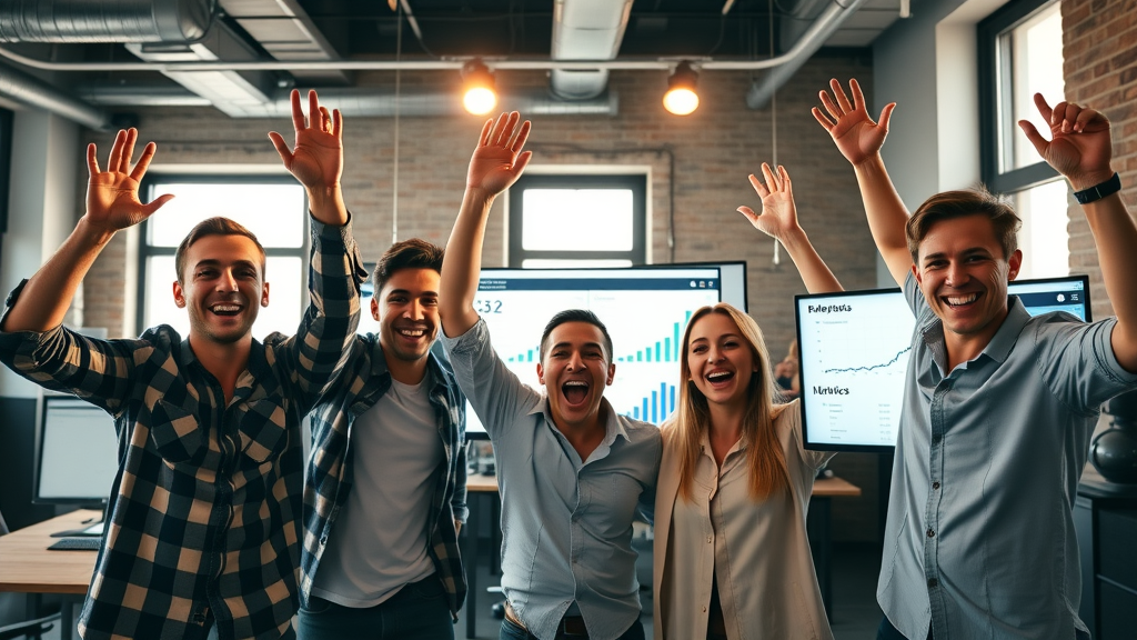 brand team celebrating increased engagement metrics after customer engagement video campaign