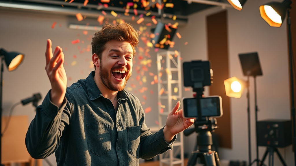 energetic influencer filming a social media marketing campaign with a brand in a stylish studio