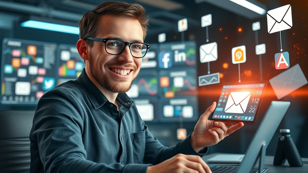 innovative marketer coordinating email marketing campaigns and social media through digital command center