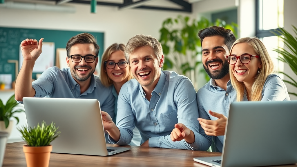 Small business team celebrating increase in organic traffic from video seo, watching stats and graphs on their laptops