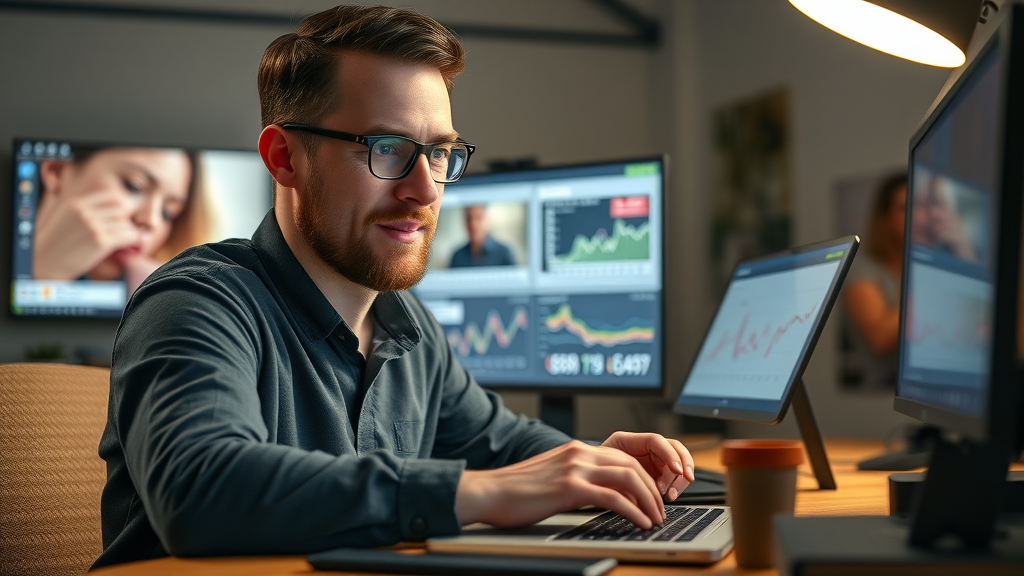 digital marketer analyzing video ad performance, focusing on online video marketing metrics