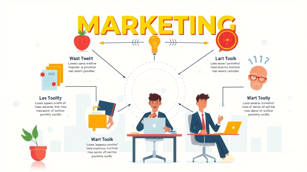 content marketing tools: animated infographic showing the 7 C's of marketing as creative icons in business setting