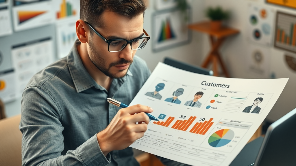 marketer reviewing customer persona charts and demographics
