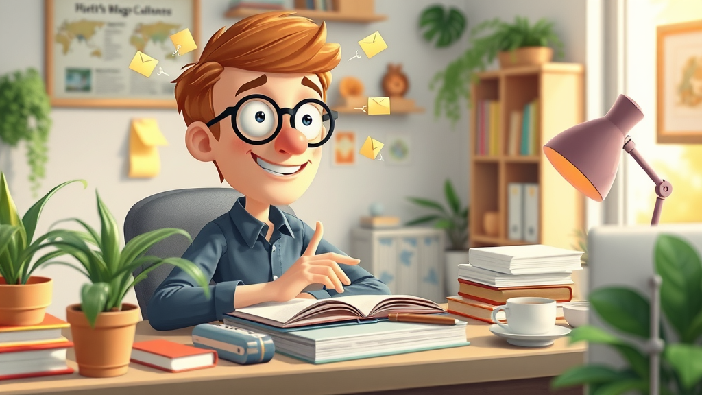 content writer brainstorming blog ideas, quality content creation for small business seo, colorful workspace with desk, SEO notes