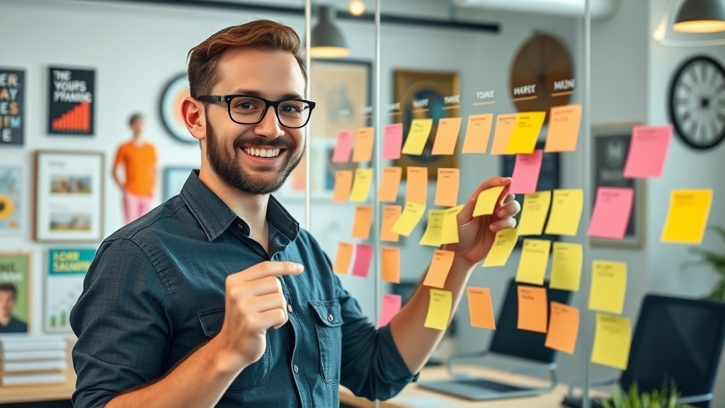 Digital strategist planning SEO and content marketing editorial calendar in a creative office, sticking notes representing content strategy for blogs, videos, and infographics.