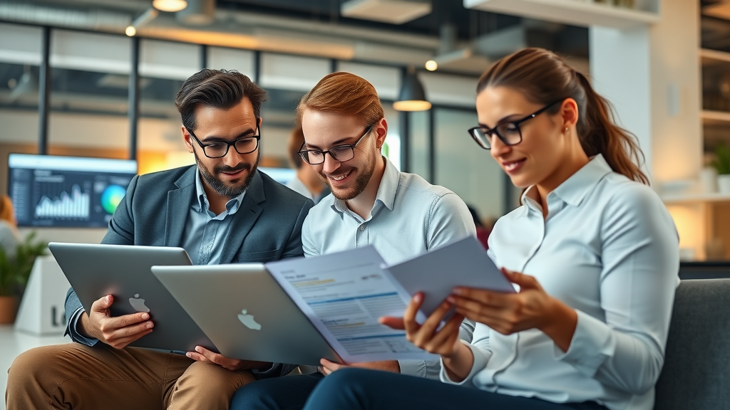 Business professionals collaborating on content marketing and SEO strategy at a modern coworking space, reviewing marketing documents and analytics dashboards.