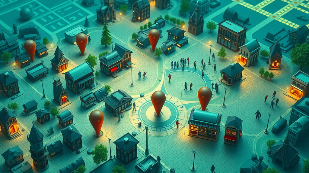 Local SEO for small businesses - City map with business locations popping up, community focus
