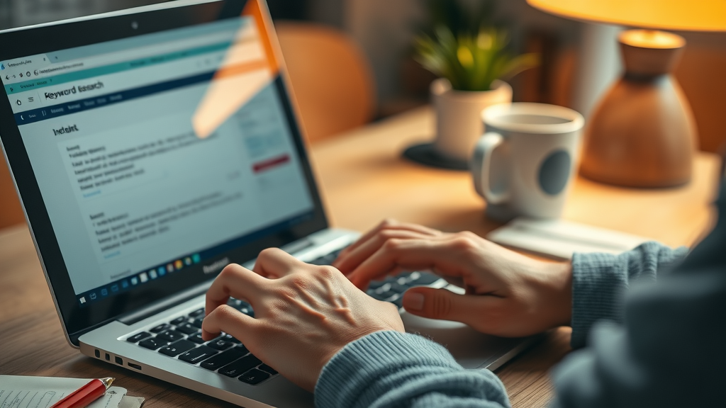 Keyword research for small business SEO - Hands typing on laptop with keyword tool open