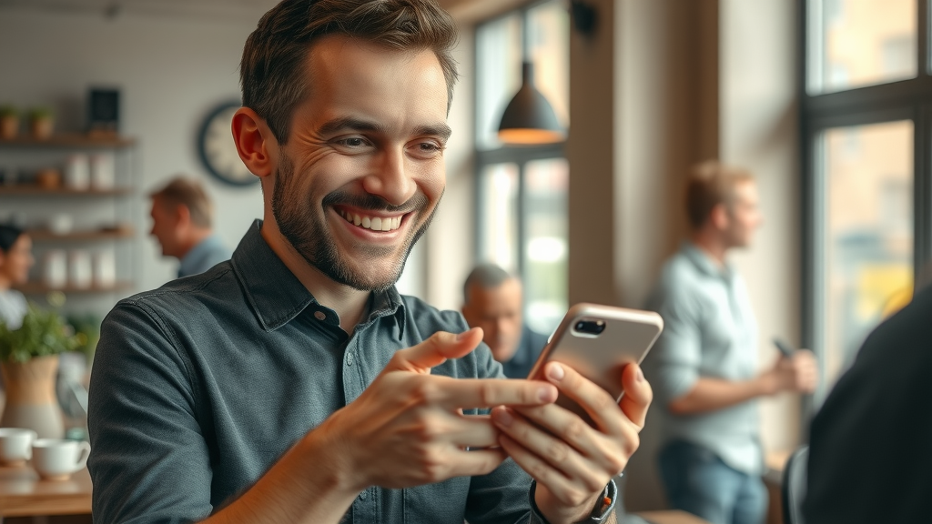 happy customer leaving review for local business on smartphone
