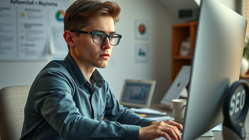 young professional researching local keywords on computer with reports