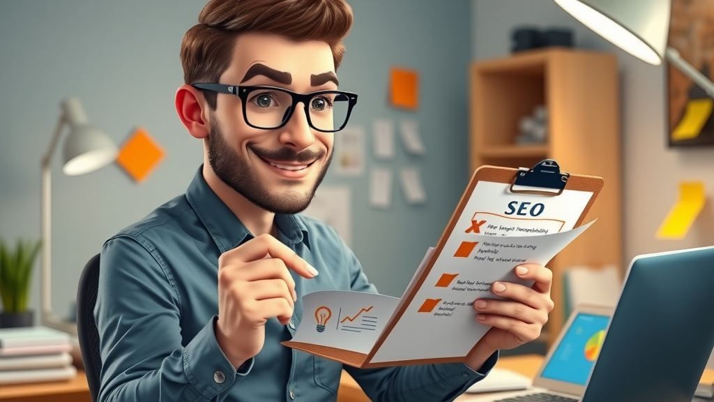 motivated entrepreneur ticking SEO checklist, step-by-step SEO for small business, vibrant workspace, digital checklist