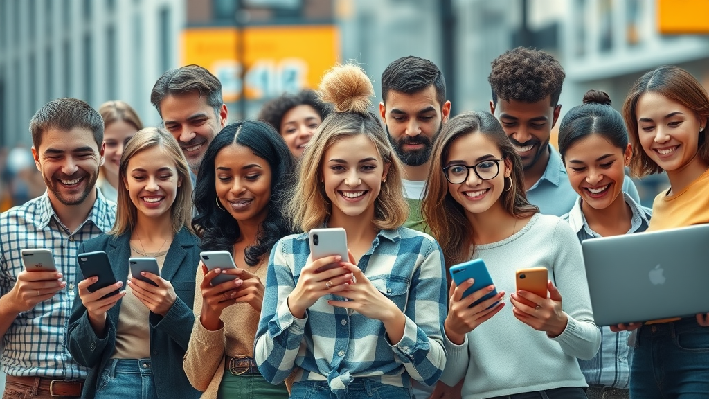 Dynamic collage of diverse people using social media platforms, cheerful expressions with smartphones and laptops, content marketing for social media