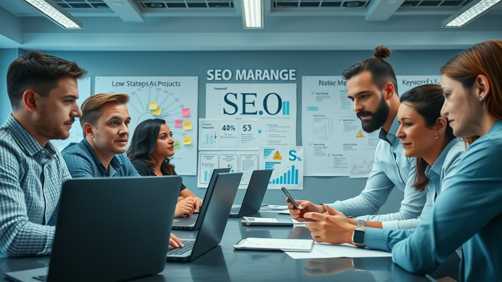 Professional team devising an on-page seo strategy using keyword research and meta tag discussions on laptops. Detailed corporate boardroom scene.