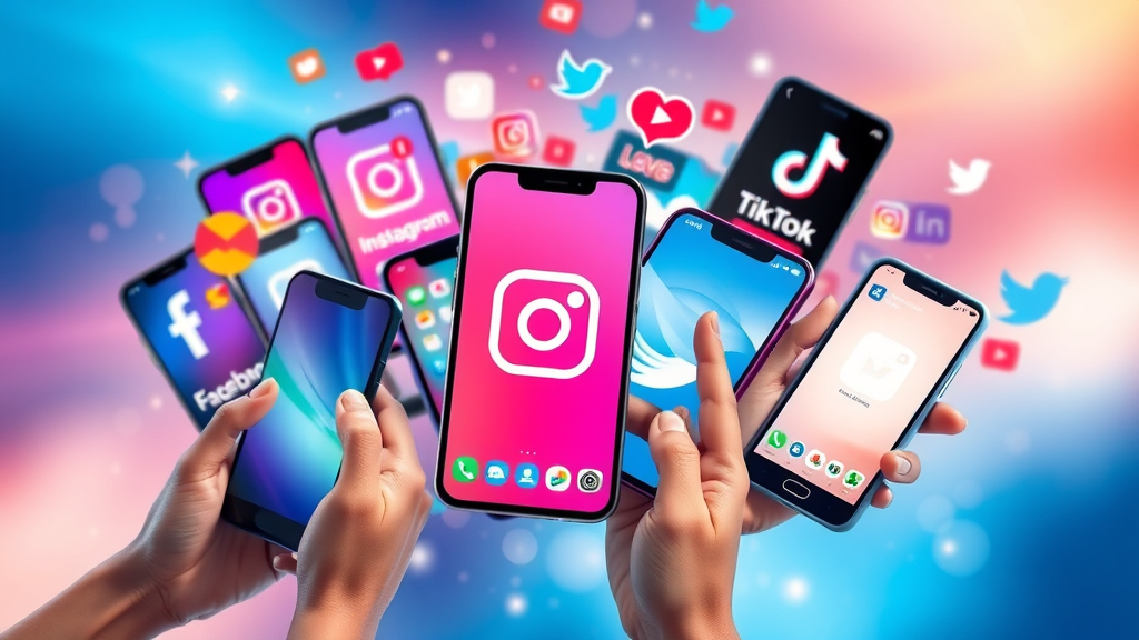 Vibrant collage of top social media apps on smartphones, best social media marketing strategies, dynamic app interfaces for media marketing