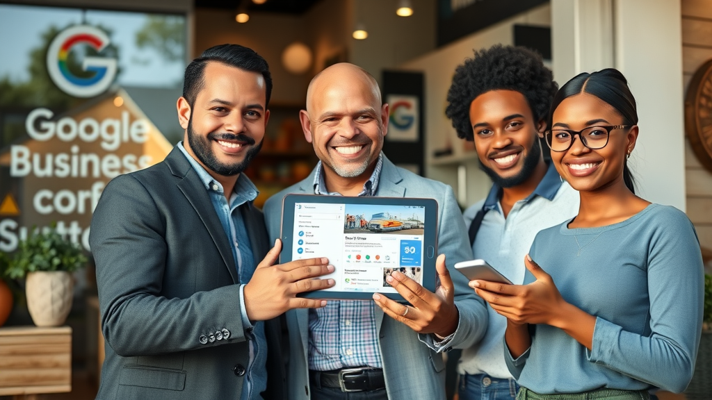 small business team setting up Google Business Profile in local store, local SEO optimization, business profile setup