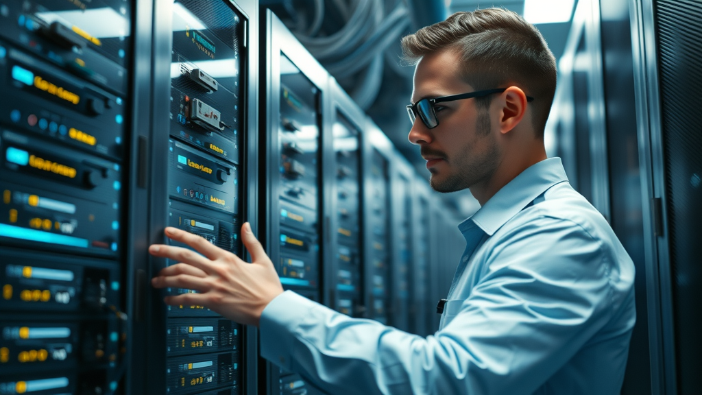IT technician optimizing servers in a modern server room to boost website page speed for SEO performance.